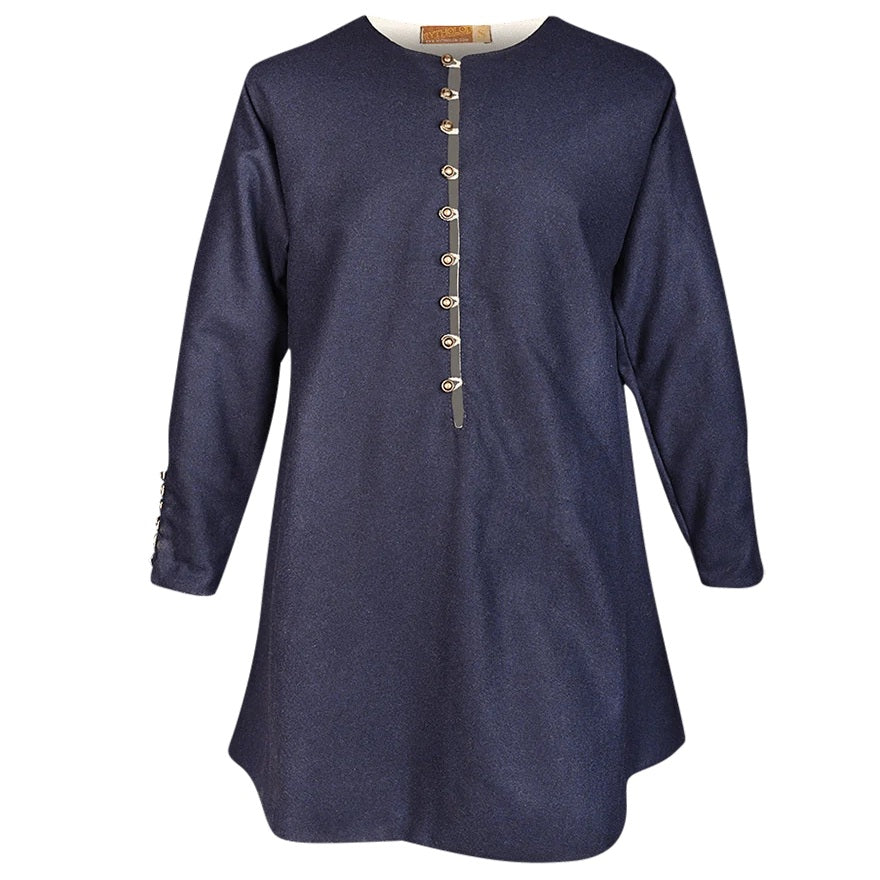 A navy blue long-sleeve tunic top with a decorative vertical row of gold-toned buttons down the front, displayed on a clean white background.