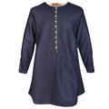 A navy blue long-sleeve tunic top with a decorative vertical row of gold-toned buttons down the front, displayed on a clean white background.