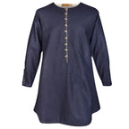 A navy blue long-sleeve tunic top with a decorative vertical row of gold-toned buttons down the front, displayed on a clean white background.