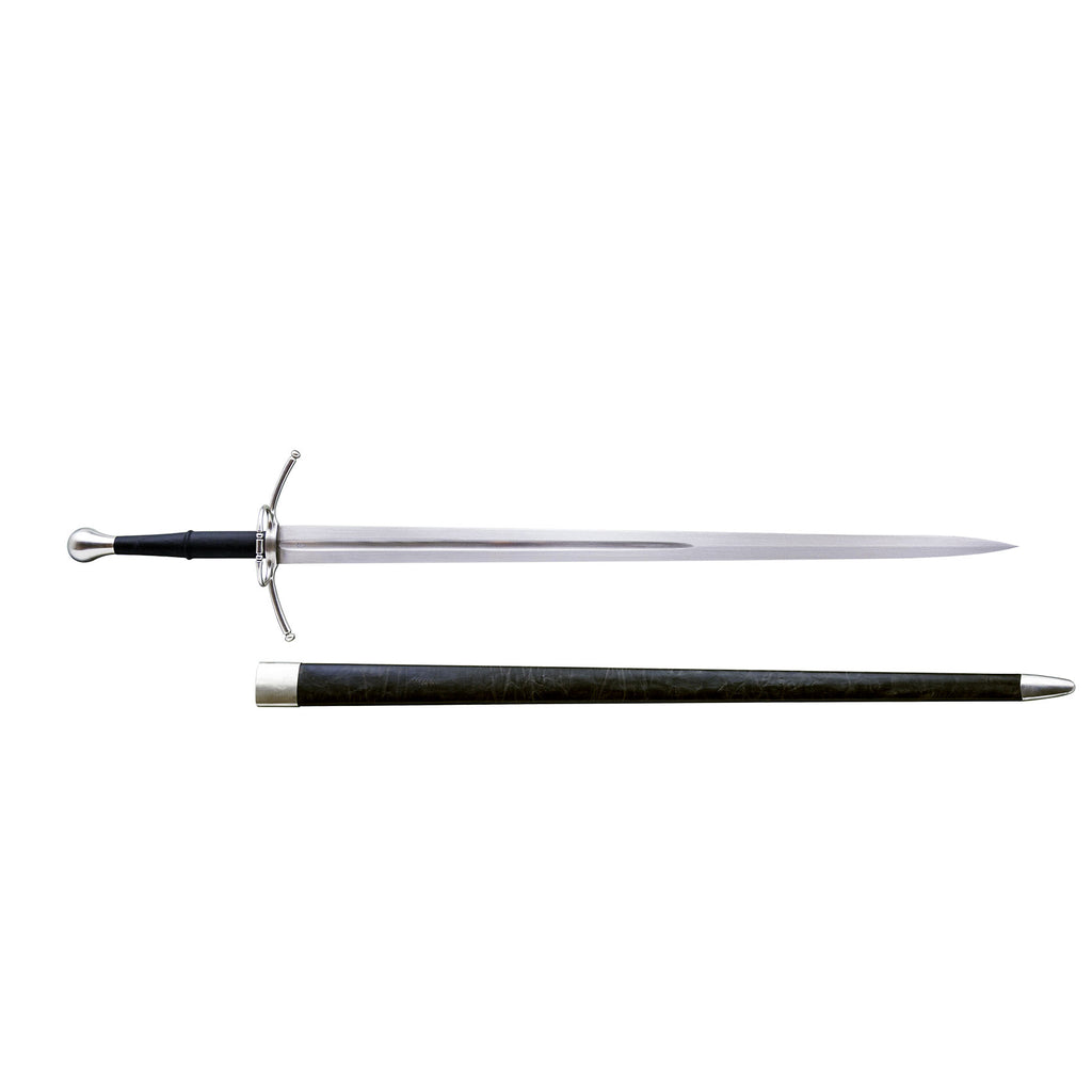 A medieval-style sword with a polished silver blade, black grip, and silver guard, shown alongside its dark wooden scabbard with silver metal ends on a plain white background.