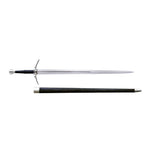 A medieval-style sword with a polished silver blade, black grip, and silver guard, shown alongside its dark wooden scabbard with silver metal ends on a plain white background.