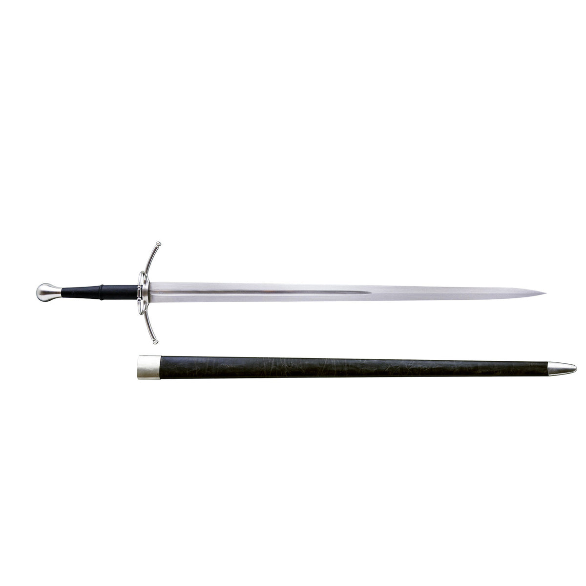 A medieval-style sword with a polished silver blade, black grip, and silver guard, shown alongside its dark wooden scabbard with silver metal ends on a plain white background.