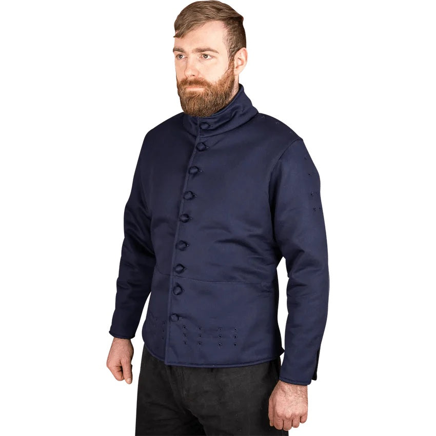A man wearing a dark navy blue high-collar jacket with a buttoned front, shown against a plain white background.