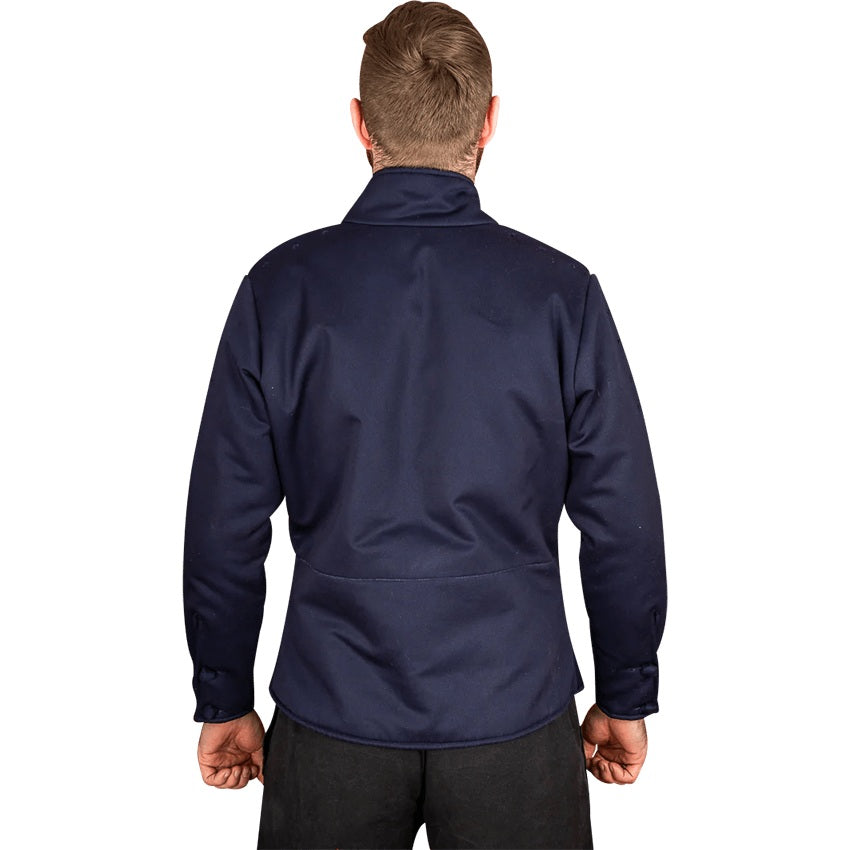 A man viewed from the back wearing a navy blue long-sleeve jacket or overshirt with a stand collar, paired with dark trousers, against a plain white background.