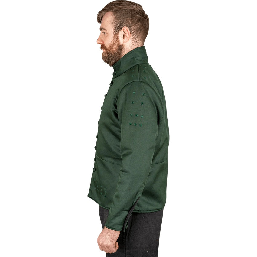 A man shown in profile wearing a dark green long-sleeve jacket with decorative button details on the chest and sleeves, paired with dark pants, against a plain white background.