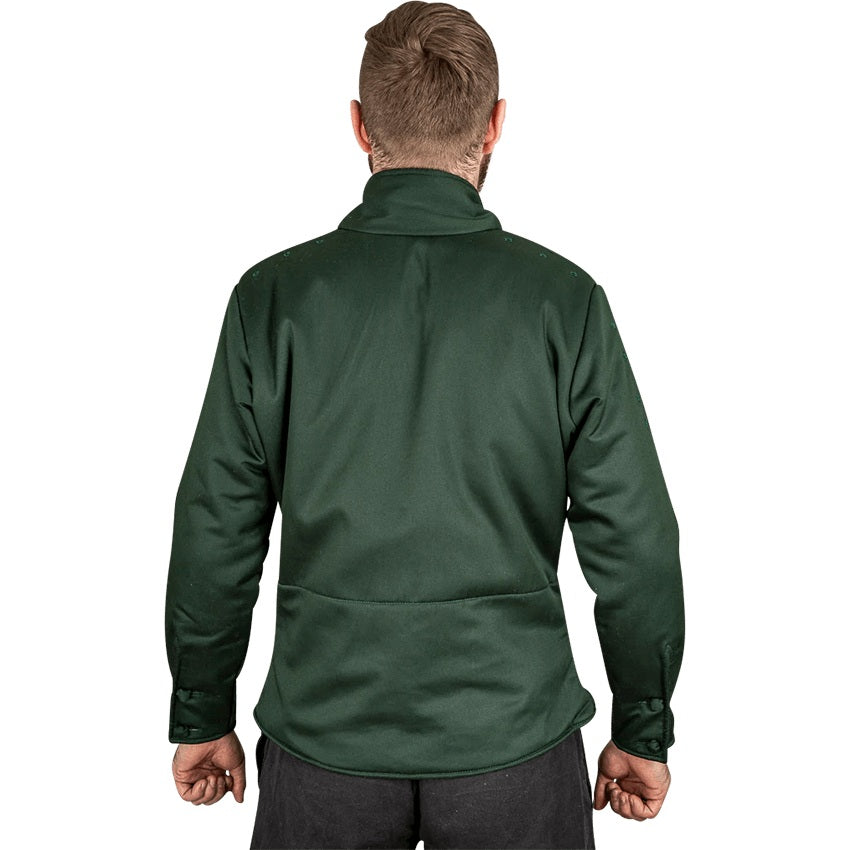 A man viewed from behind wearing a dark green long-sleeve jacket and dark gray pants, set against a plain white background.
