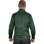 A man viewed from behind wearing a dark green long-sleeve jacket and dark gray pants, set against a plain white background.