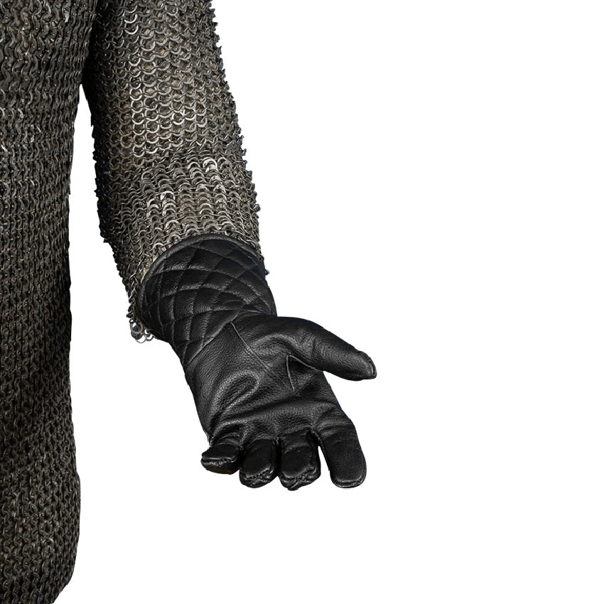 Palm detail of a black leather knight's glove.