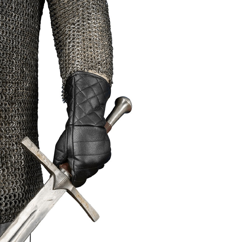 Close up view of an armored man wearing a lightly padded black leather glove.