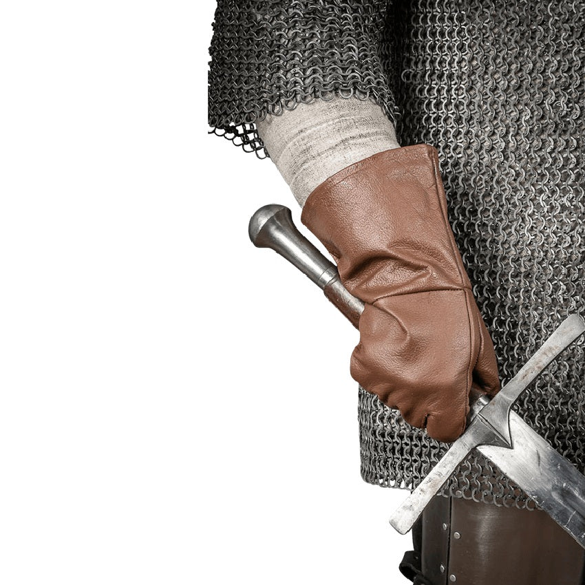 Historical Leather Gloves in Brown – close-up, gripping sword hilt