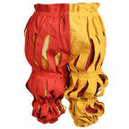 Rear view of slashed canvas red and yellow trousers.