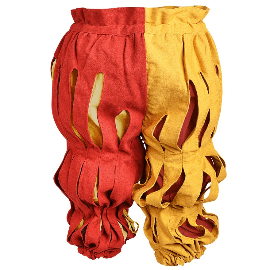 Rear view of slashed canvas red and yellow trousers.