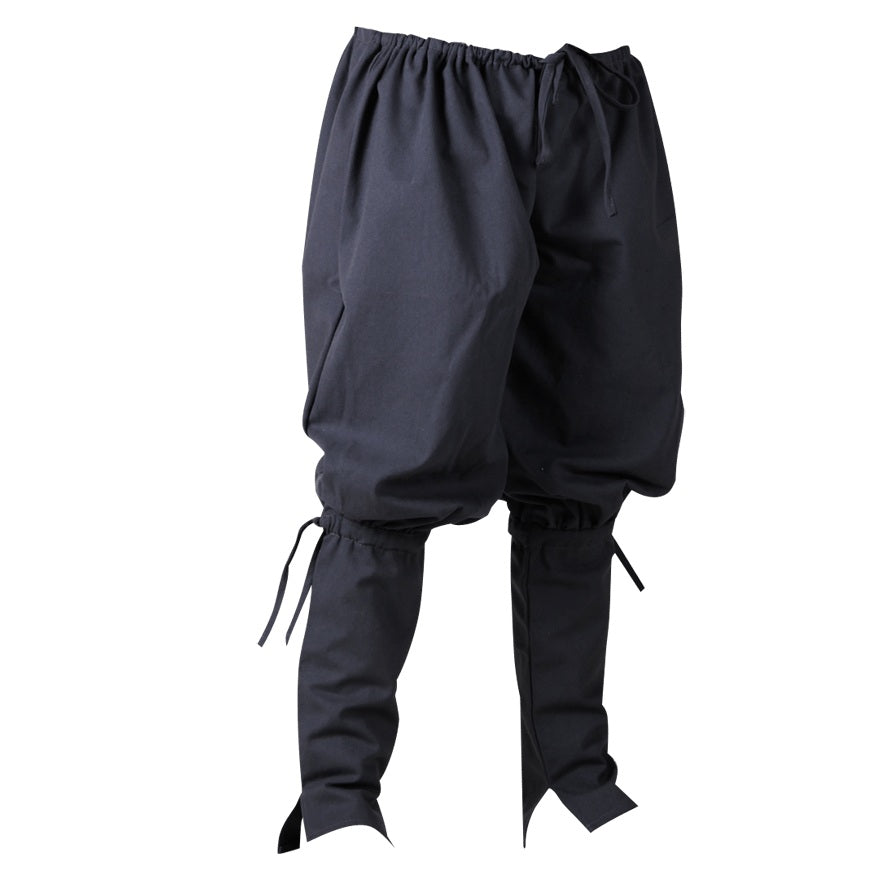 Black harem-style pants with an elastic drawstring waist and adjustable leg cuffs, shown against a plain white background.