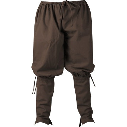 A pair of dark brown baggy pants with a drawstring waist and adjustable leg cuffs, shown against a plain white background.