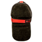 Red Dragon leather mask overlay back panel, padded suede with red strap