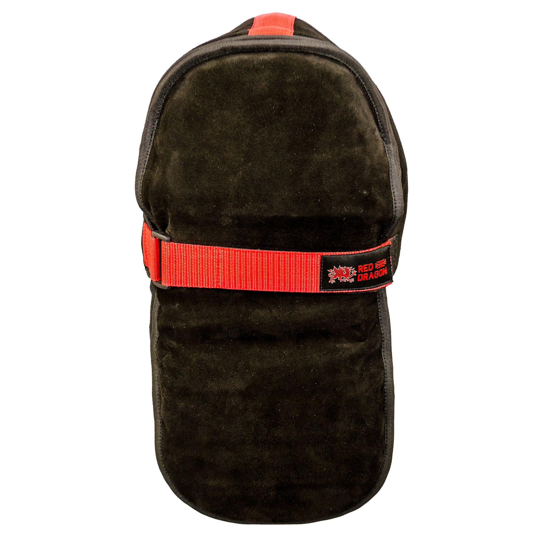 Red Dragon leather mask overlay back panel, padded suede with red strap