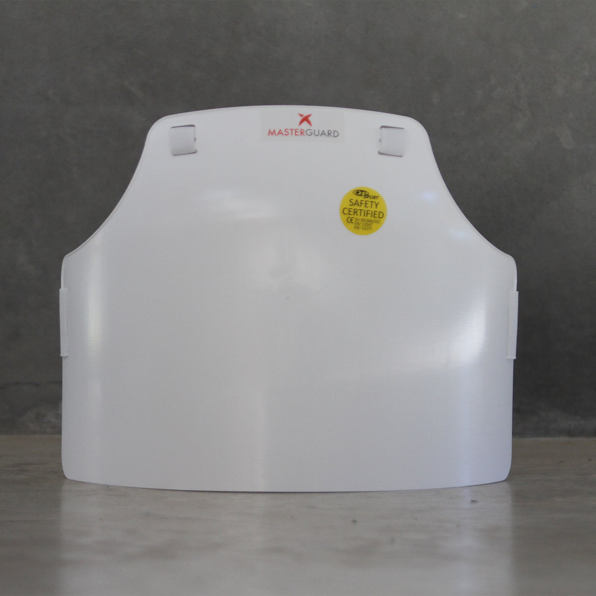 Front view of MasterGuard rigid chest protector for sport fencing.
