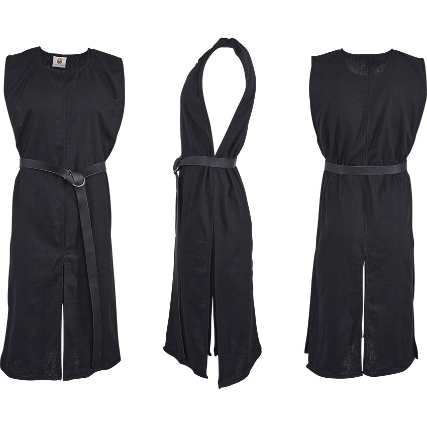 Anton Canvas Tabard in Black with Black, front, side, and back views showing open sides