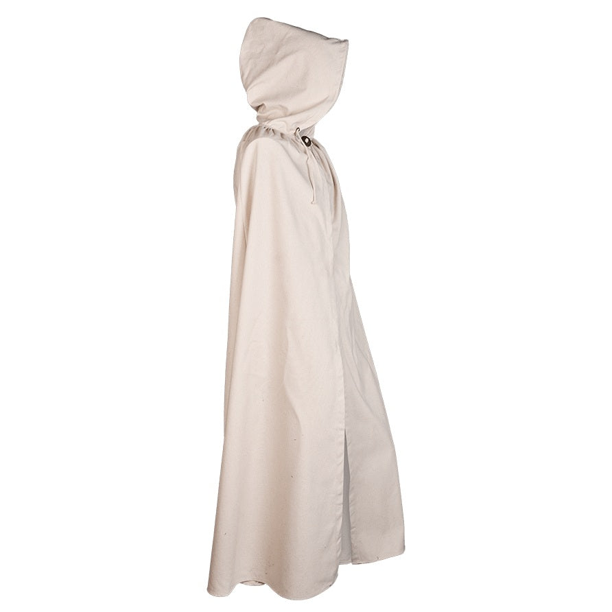 Off-white hooded medieval cloak.