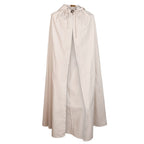 A light beige hooded cape with a drawstring hood and a single front button, displayed on a clean white background.