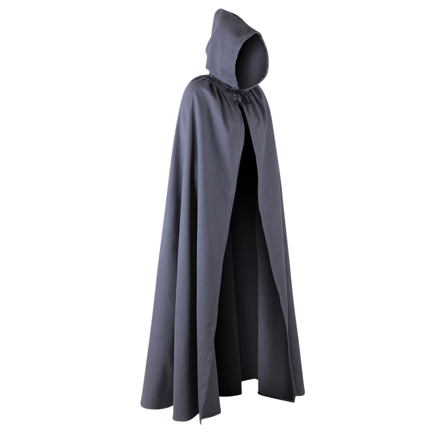 A dark gray hooded medieval cloak with a drawstring neckline, displayed against a plain white background.
