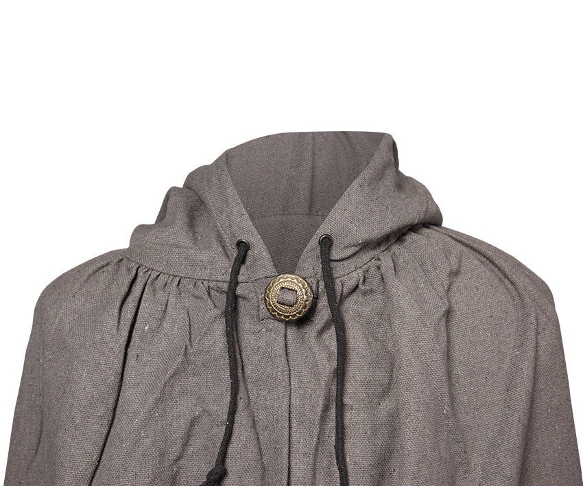 Close-up of a textured gray hooded garment with black drawstrings and a large round bronze button closure, shown against a plain white background.