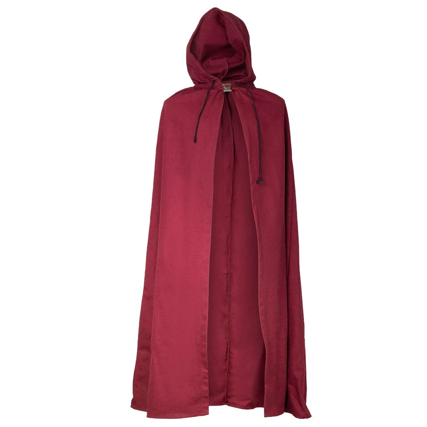 A long burgundy hooded cloak with black drawstrings, displayed on a clean white background.