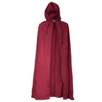 A long burgundy hooded cloak with black drawstrings, displayed on a clean white background.