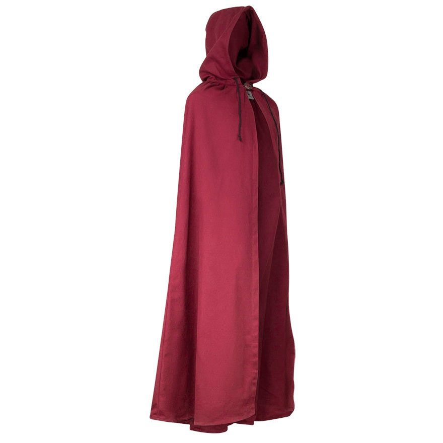 A long, flowing hooded cloak or cape in a deep burgundy red color, shown from the side against a plain white background.