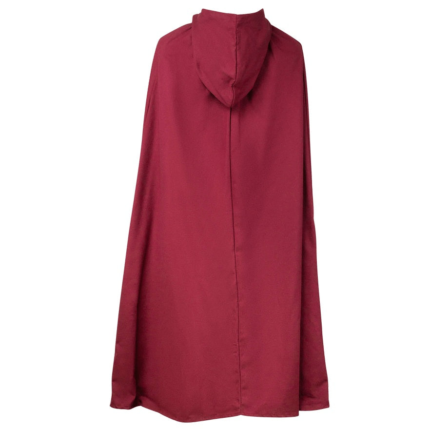 A long burgundy hooded cape or cloak shown from the back against a plain white background.
