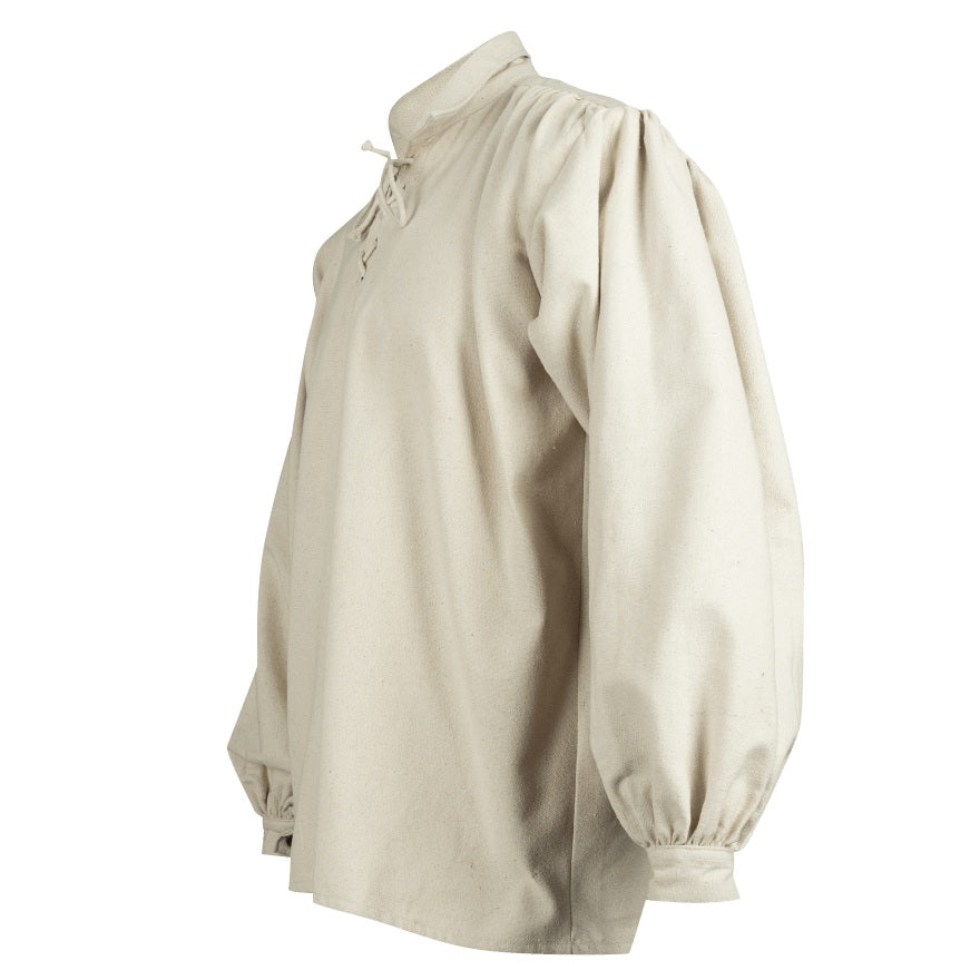 A light beige linen long-sleeve blouse with a high gathered collar, front tie closure, and voluminous balloon sleeves, shown from a side profile on a white background.