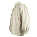 A light beige linen long-sleeve blouse with a high gathered collar, front tie closure, and voluminous balloon sleeves, shown from a side profile on a white background.
