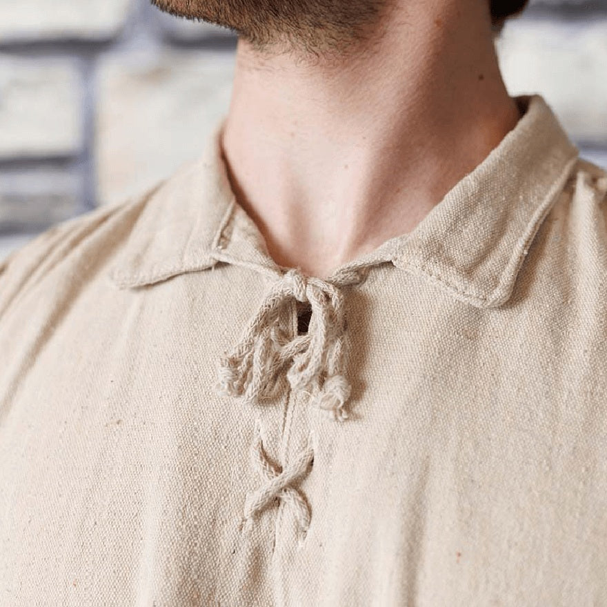 Jonathan Shirt in Cream – worn, collar and lacing close-up