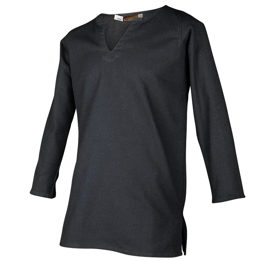 A black long-sleeve tunic top with a V-neckline, displayed on a clean white background.
