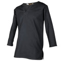 A black long-sleeve tunic top with a V-neckline, displayed on a clean white background.