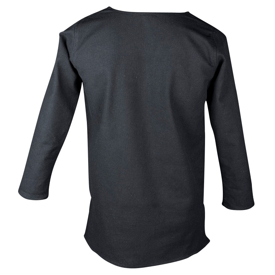Long-sleeve black canvas tunic against a white background.
