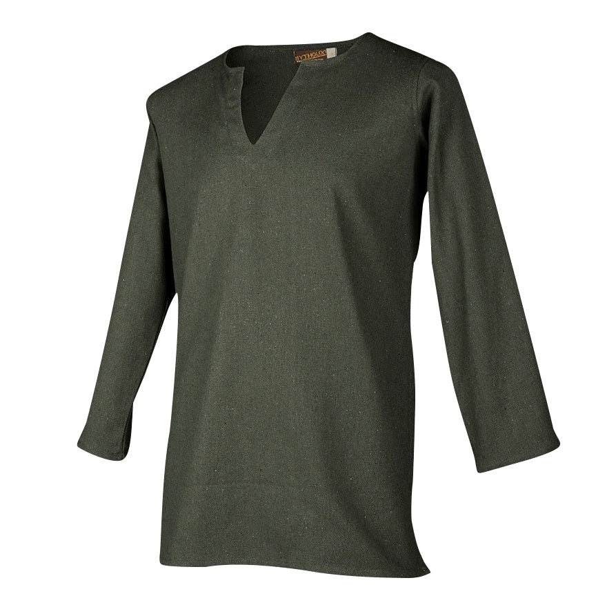 Green canvas tunic with V-Neck and long sleeves.