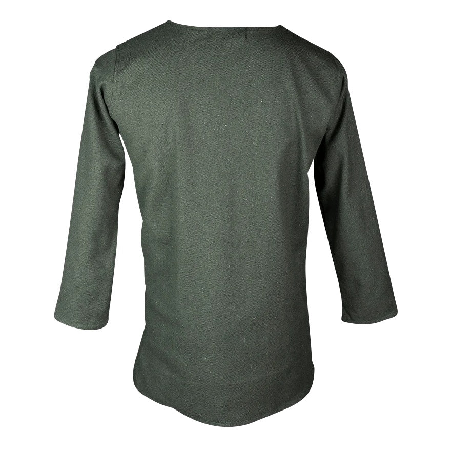 A dark olive green long-sleeve t-shirt shown from the back on a plain white background.