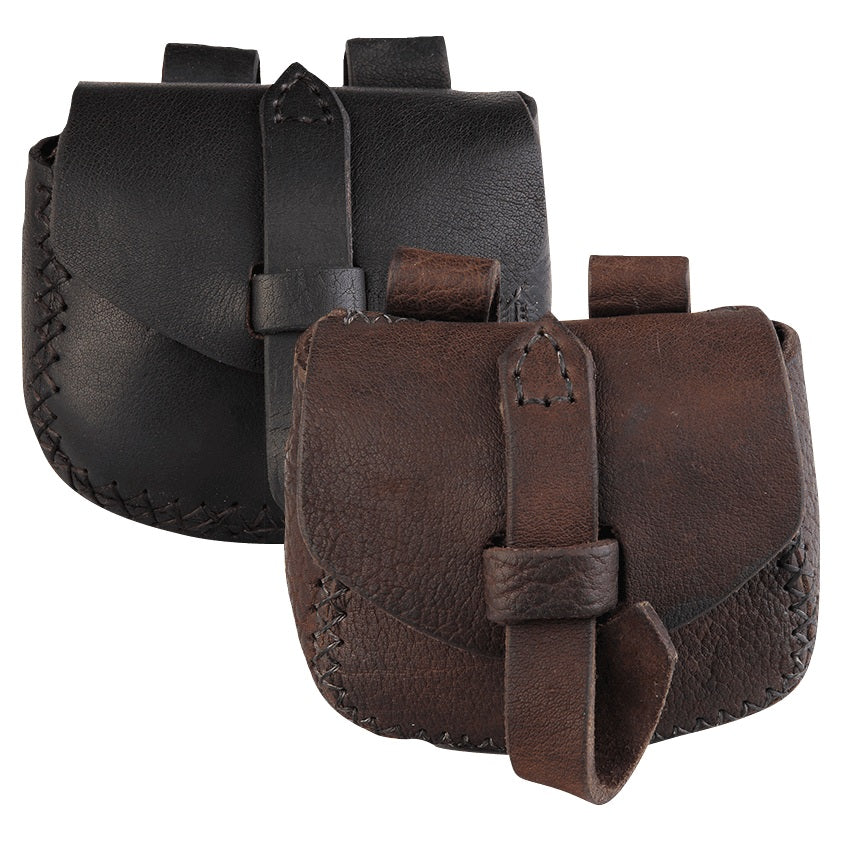 Two leather saddle bag style pouches in black and dark brown, displayed against a solid white background.