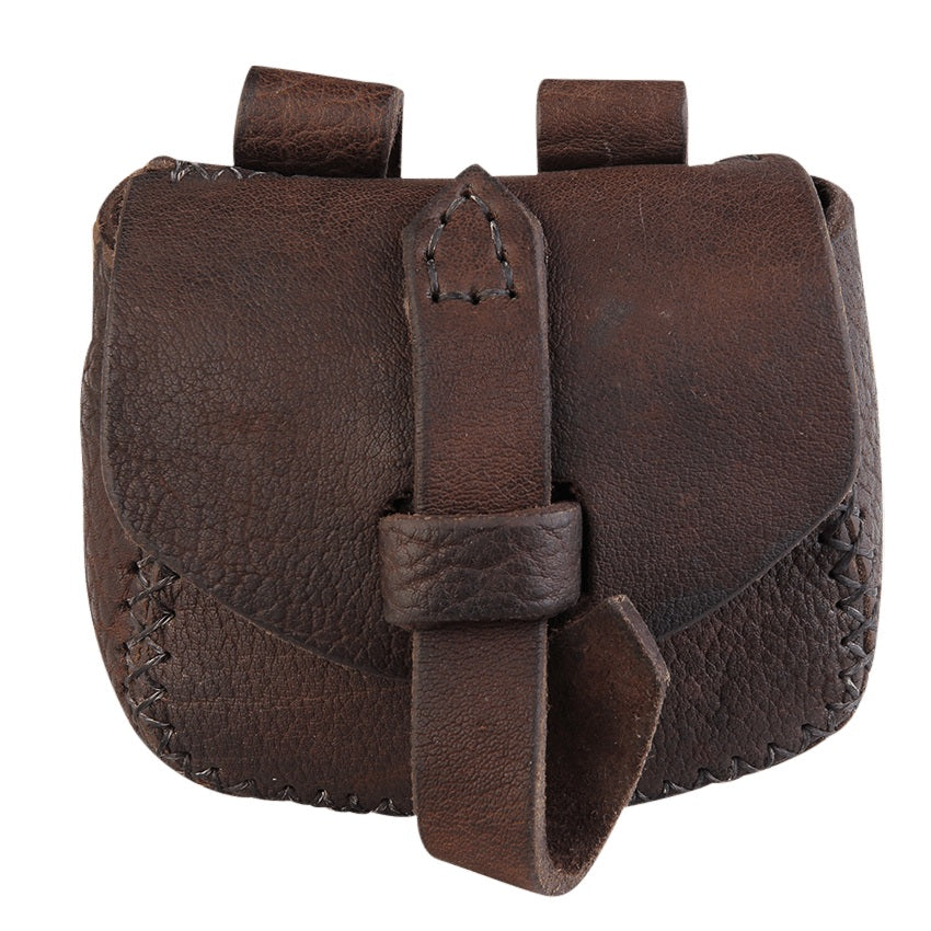 A dark brown textured leather pouch with a central strap closure and decorative stitching, shown against a plain white background.