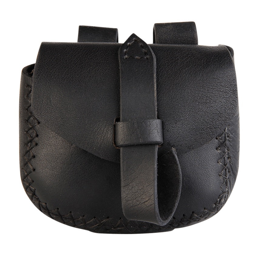 A black leather saddle-style pouch with a central strap and buckle closure, shown against a plain white background.