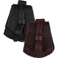 Two leather pouches with decorative stitched edges and strap closures, shown on a plain white background. One is black and the other is dark brown.