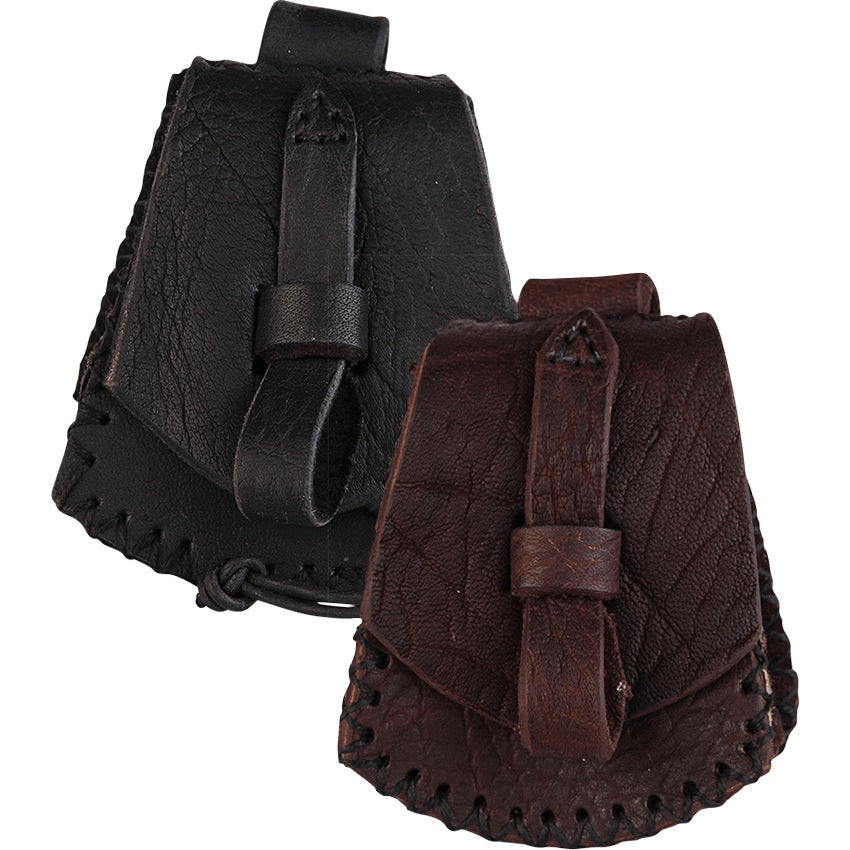 Two leather pouches with decorative stitched edges and strap closures, shown on a plain white background. One is black and the other is dark brown.
