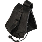 A black textured leather pouch with a strap and drawstring, shown on a plain white background.