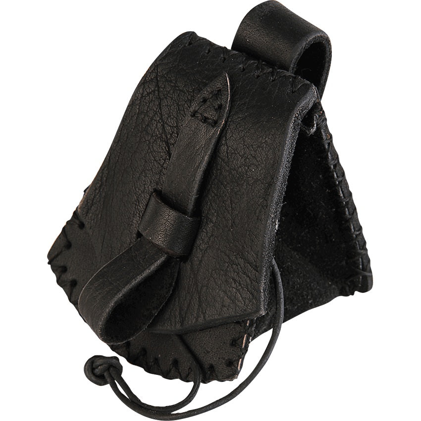 A black textured leather pouch with a strap and drawstring, shown on a plain white background.