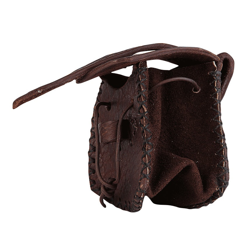 A dark brown leather pouch with a drawstring closure and decorative whipstitching, shown against a plain white background.
