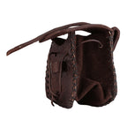 A dark brown leather pouch with a drawstring closure and decorative whipstitching, shown against a plain white background.