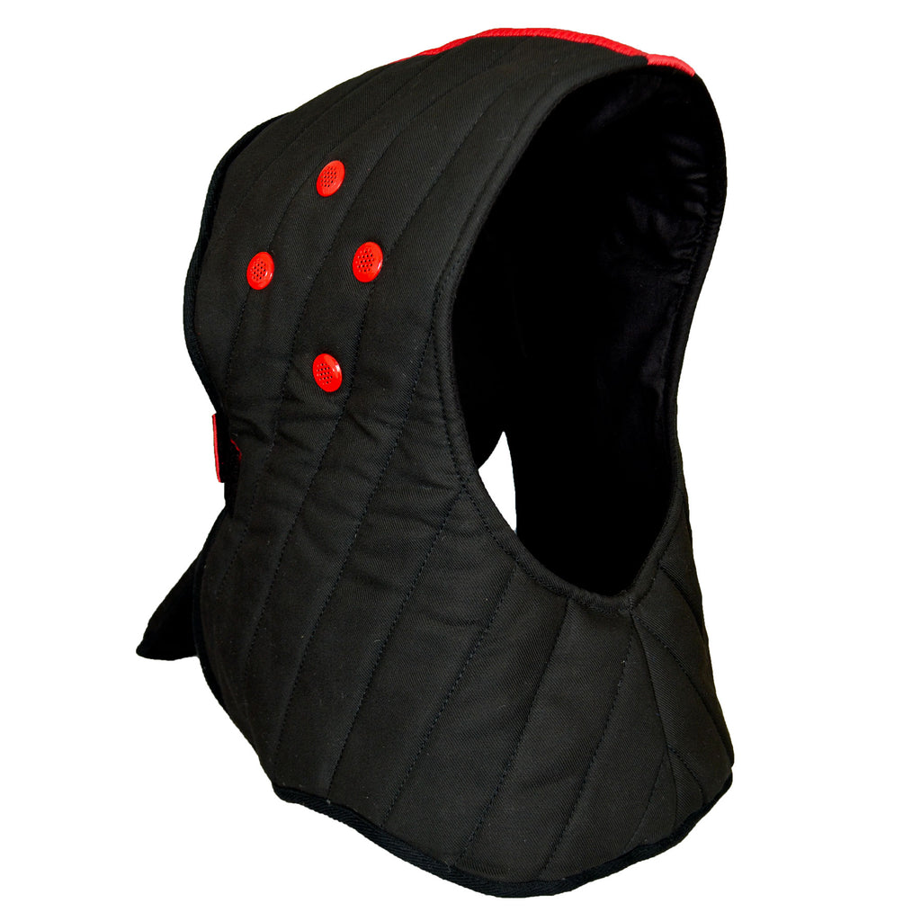 Red Dragon HEMA full mask overlay front view showing rigid head and throat protection for historical fencing sparring