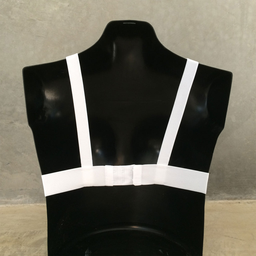 Back detail showing straps of QP Sport women's chest protector.