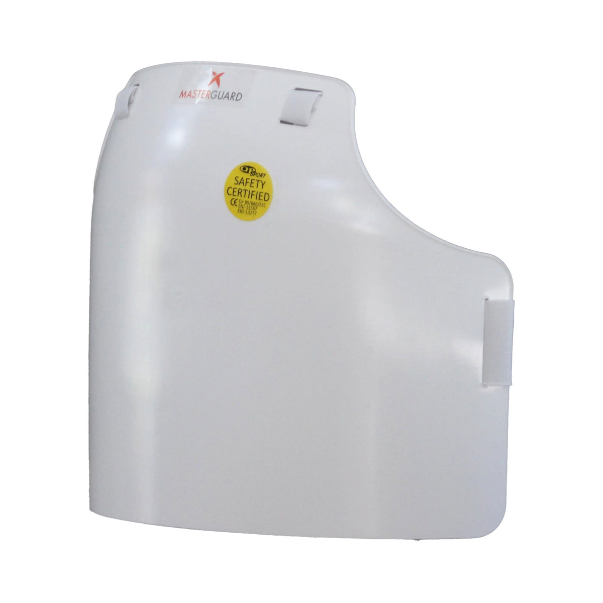 White Masterguard safety shield with a yellow safety certified sticker on the front, shown on a plain white background.